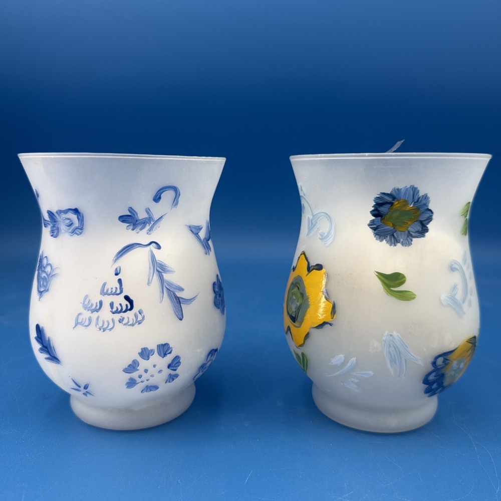Set of 2 Hurricane Votive Candle Holder Hand Painted Floral Frosted Glass New